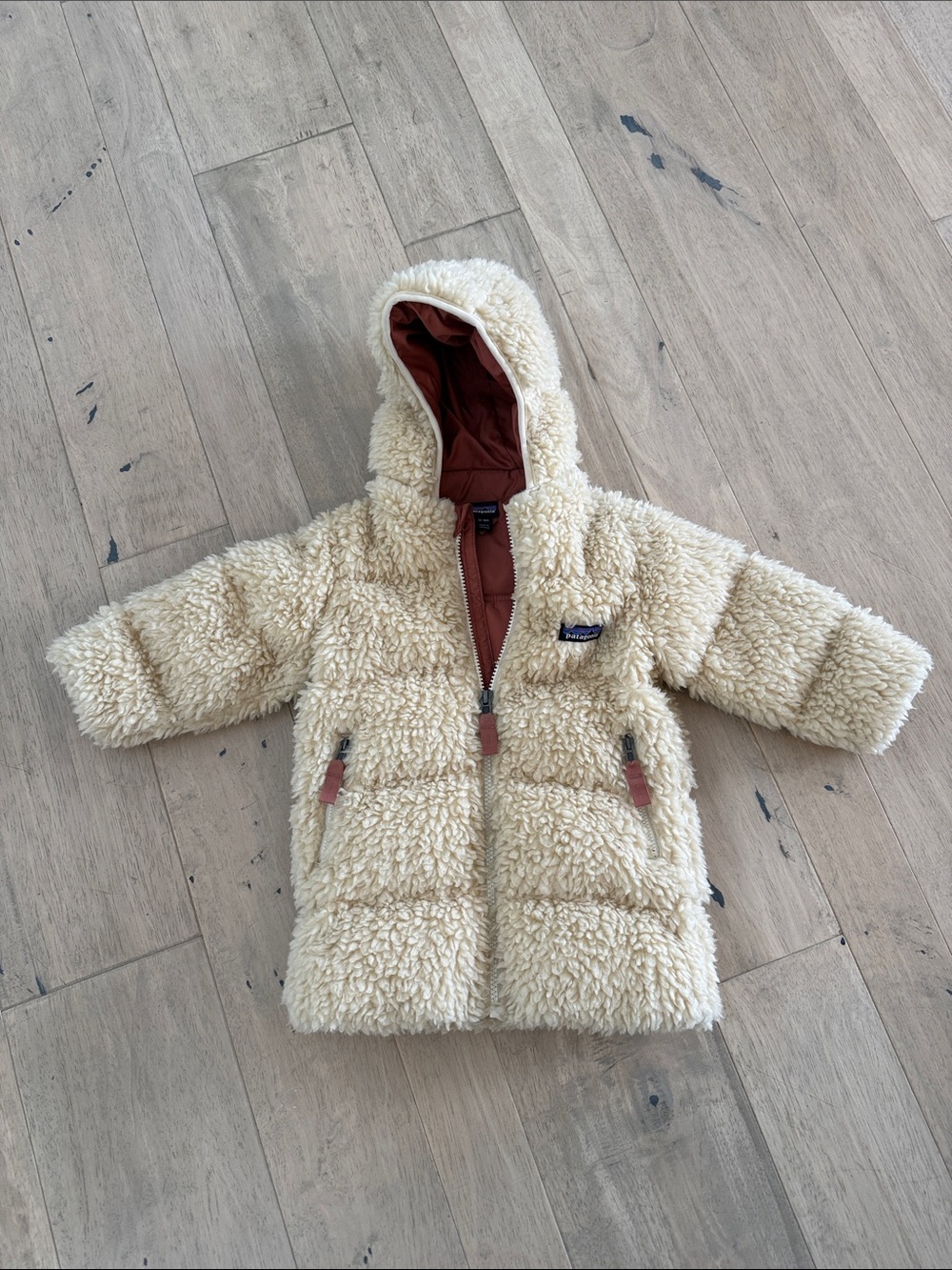 Patagonia Cream Sherpa Hooded Puffer Jacket with Rust Lining